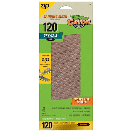 Gator Finishing Zip AlumiNext Drywall Hook and Loop Sanding Mesh Sheets, 120 Fine Grit 7176